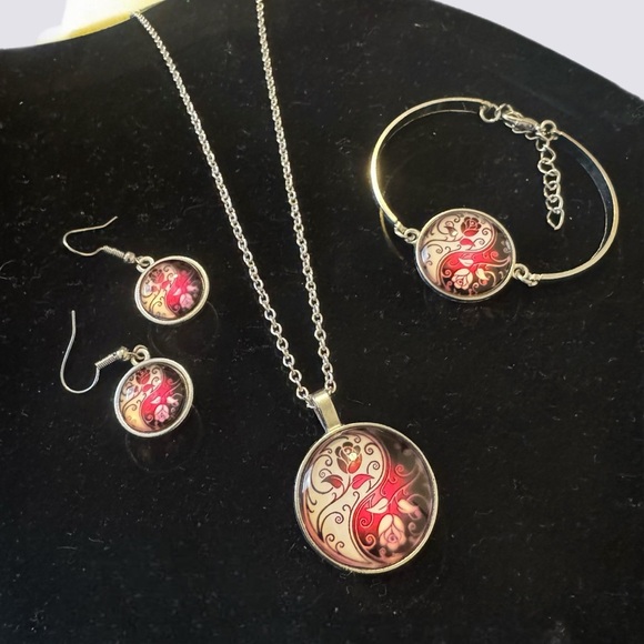 Necklace, Bracelet & Earring Set. Ying Yang Pink Floral - Picture 1 of 5